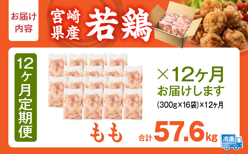 宮崎県産 若鶏切身もも肉 4.8kg（300g×16袋）【12か月定期便】