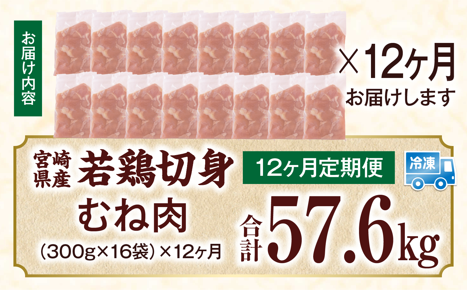 宮崎県産 若鶏切身 むね肉 4.8kg（300g×16袋）【12か月定期便】