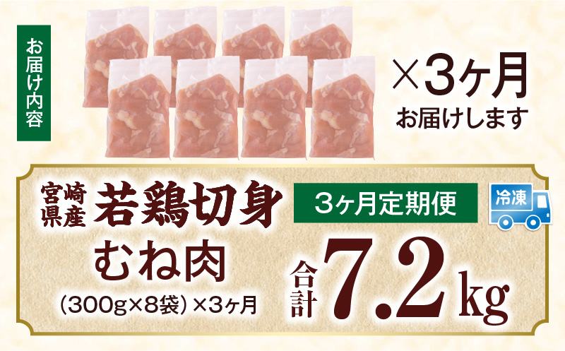 宮崎県産 若鶏切身 むね肉 2.4kg（300g×8袋）【3か月定期便】