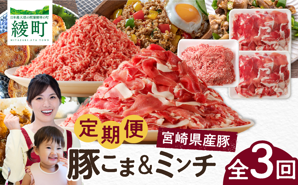 綾町産 豚こま＆ミンチ1.5kg【全3回定期便】_A0023-007
