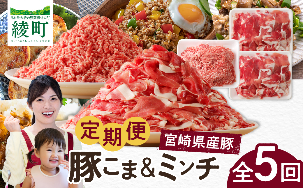 綾町産 豚こま＆ミンチ1.5kg【全5回定期便】_A0023-009