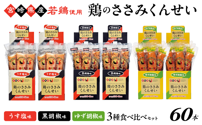 鶏のささみくんせい 3種食べ比べ 60本セット ＜うす塩・黒胡椒・ゆず胡椒 ＞ おつまみ スモーク チキン 燻製