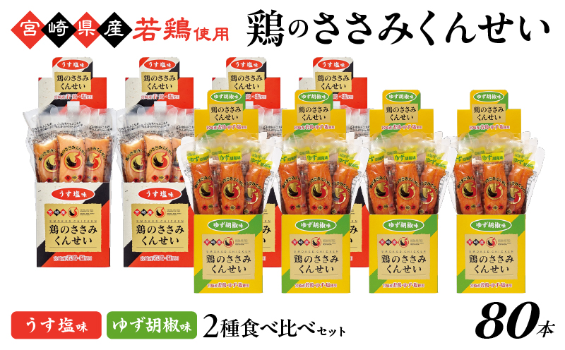 鶏のささみくんせい 2種食べ比べ 80本セット ＜うす塩・ゆず胡椒 ＞ おつまみ スモーク チキン 燻製