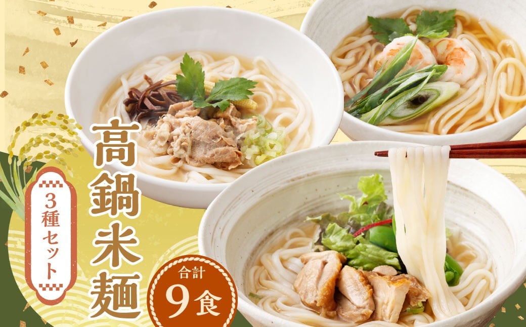 ＜高鍋米麺 3種セット 9食入り＞翌月末迄に順次出荷 だし チキン ポーク 各3食 3種 米麺 米粉麺 麺 詰合せ 食べ比べ セット グルテンフリー 出汁 鶏 豚 麺類 国産 冷凍 宮崎県 高鍋町