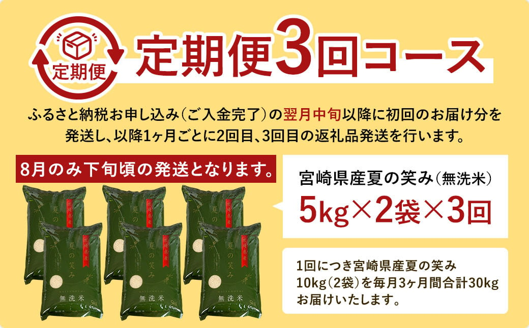 ＜令和6年産 宮崎県産夏の笑み（無洗米）10kg(5kg×2袋) 3か月定期便＞ お申込みの翌月中旬以降に第1回目発送（8月は下旬頃） 米 希少品種