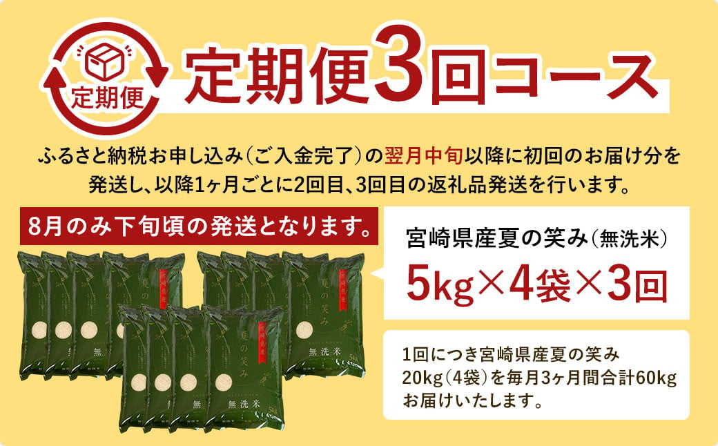 ＜令和6年産 宮崎県産夏の笑み（無洗米）20kg(5kg×4袋) 3か月定期便＞ お申込みの翌月中旬以降に第1回目発送（8月は下旬頃） 米 希少品種