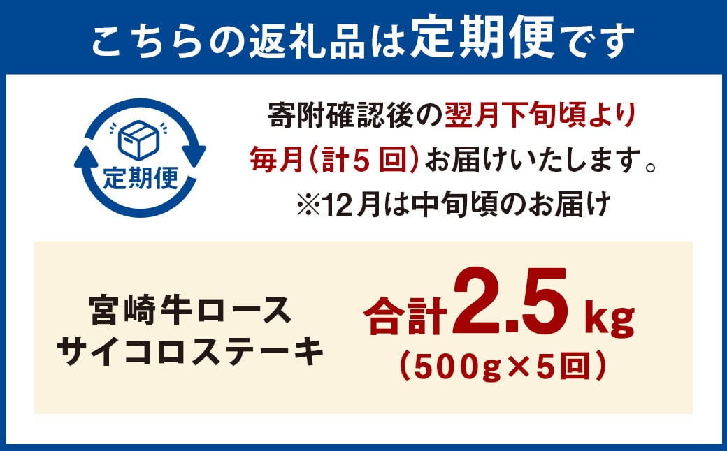 【5ヶ月定期便】＜宮崎牛ロースサイコロステーキ 500g（1パック：500g×5回）＞ お申込みの翌月下旬頃に第一回目発送（12月は中旬頃） 牛肉 お肉 肉 和牛