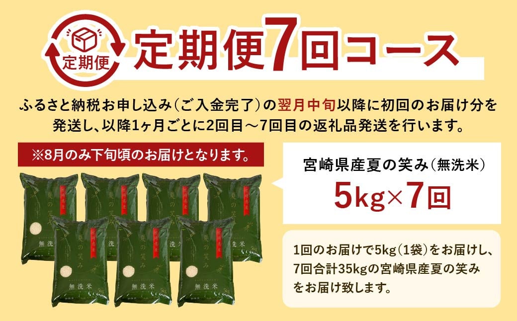 ＜【7ヶ月定期便】令和6年産 宮崎県産 夏の笑み（無洗米）5kg＞お申込みの翌月中旬以降に第1回目発送（8月は下旬頃） 米 夏の笑み 無洗米 精米 希少 品種 白米 お米 ご飯 宮崎県産