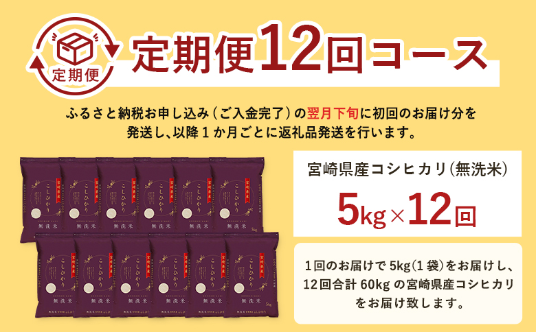 【12か月定期便】無洗米 ＜チャック付＞ 新米 国産 令和8年産 こしひかり コシヒカリ 5kg×12回 宮崎県産 お米 白米 おすすめ 簡単 ご飯 弁当 精米 おにぎり