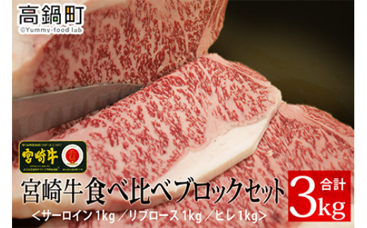 ＜宮崎牛食べ比べブロックセット(ヒレ・サーロイン・リブロース)＞3か月以内に順次出荷