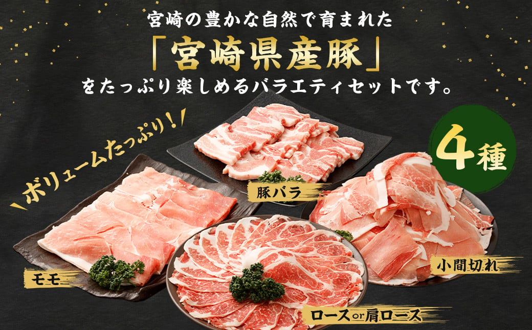 ＜宮崎県産豚 バラエティセット 計2.7kg＞翌月末迄に順次出荷 バラエティセット 4種 合計2.7kg 豚バラ焼肉 豚ロースor肩ローススライス 豚モモスライス 豚小間切れ 豚ロース 肩ロース 豚肉 豚 肉 精肉 料理 宮崎県産 宮崎県 宮崎 みやざき 高鍋町 冷凍