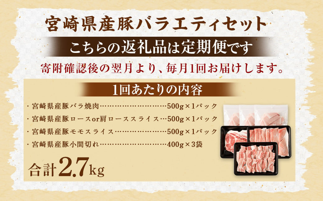 ＜【4回定期便】宮崎県産豚 バラエティセット 計2.7kg＞お申込みの翌月下旬頃に第一回目発送（12月は中旬頃） バラエティセット 4種 合計10.8kg 豚バラ焼肉 豚ロースor肩ローススライス 豚モモスライス 豚小間切れ 豚ロース 肩ロース 豚肉 豚 肉 精肉 料理 宮崎県産 宮崎県 宮崎 みやざき 高鍋町 定期便 冷凍