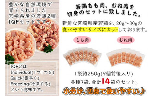 ＜宮崎県産若鶏もも切身・むね切身セット IQF250g×14袋 合計3.5kg＞翌月末迄に順次出荷