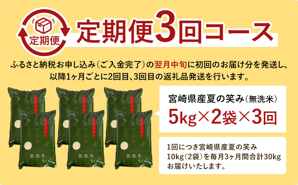 令和5年産 宮崎県産夏の笑み（無洗米）10kg(5kg×2袋) 3か月定期便