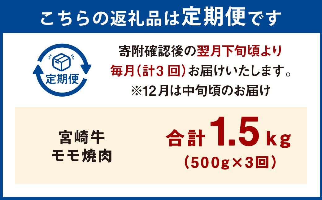 【3ヶ月定期便】＜宮崎牛モモ焼肉 500g（1パック：500g×3回）＞ お申込みの翌月下旬頃に第一回目発送（12月は中旬頃） 牛肉 お肉 肉 和牛