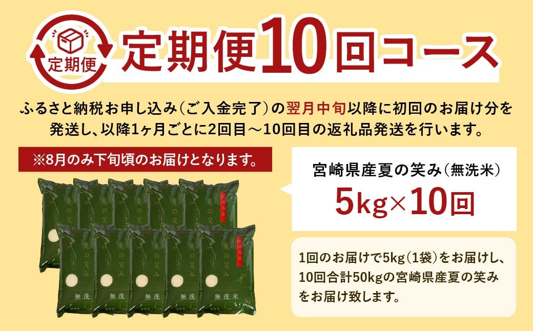 ＜【10ヶ月定期便】令和6年産 宮崎県産 夏の笑み（無洗米）5kg＞お申込みの翌月中旬以降に第1回目発送（8月は下旬頃） 米 夏の笑み 無洗米 精米 希少 品種 白米 お米 ご飯 宮崎県産