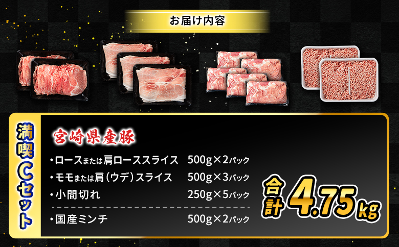 数量限定 ＜満喫Cセット＞ 豚肉 合計4.75kg 国産 ロース 肩ロース スライス モモ ウデ ミンチ ハンバーグ しゃぶしゃぶ 詰め合わせ 大容量 冷凍 小分け 便利 おすすめ 送料無料
