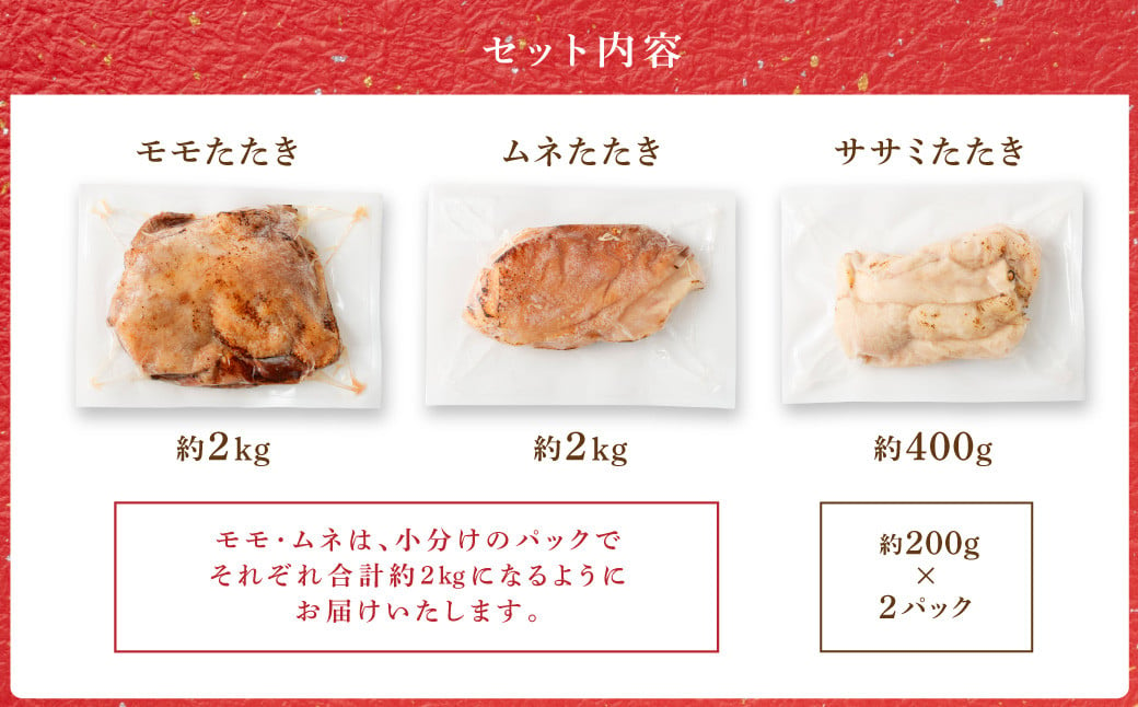 ＜鶏のたたき3種盛りセット モモ ムネ ササミ 計4.4kg＞2か月以内に順次出荷