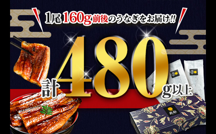 ［2026年1月お届け］うなぎ 鰻楽 国産 蒲焼 3尾 人気 無頭 計480g以上 贈答品 ギフト【C444-2601】