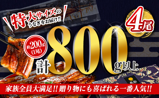 7/22まで!!＜丑の日までにお届け!!＞特大 うなぎ 鰻楽 国産 蒲焼 4尾 計800g以上 無頭 冷凍 簡単調理 個包装 贈答品 ギフト ［7/15～7/26にお届け］【C388-800-ushi】