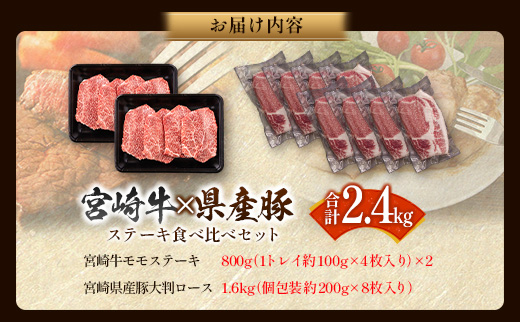 宮崎牛 × 宮崎県産豚 ステーキ食べ比べ 合計2.4kgセット［宮崎牛モモステーキ 800g ＆ 県産豚大判ロース 1.6kg］小分け 冷凍 バラエティ 個包装 ※ご入金月の翌月中に出荷【D155】