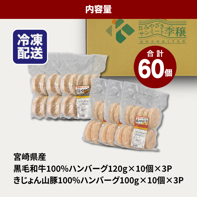 ★スピード発送!!７日〜10日営業日以内に発送★宮崎県産黒毛和牛100%ハンバーグ30個宮崎県産「自社ブランド豚」山豚100%ハンバーグ30個セット K16_0159