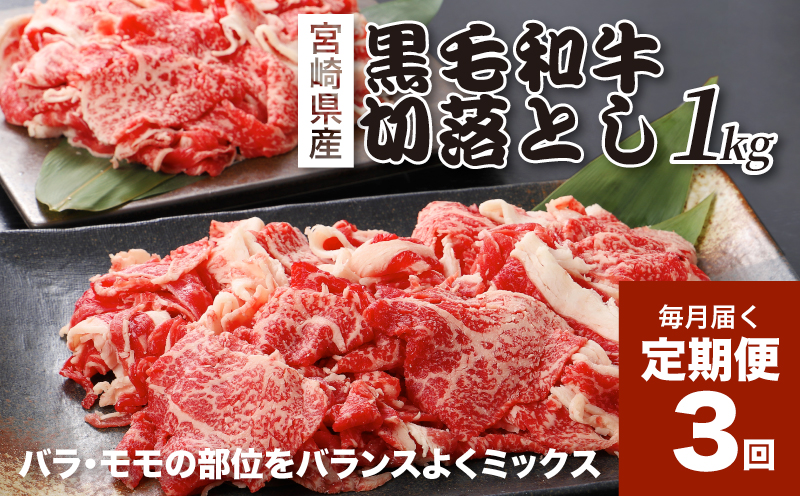【3回定期便】宮崎県産 黒毛和牛 贅沢切落し1kg(500ｇ×2P×3回)_K16_T014_1