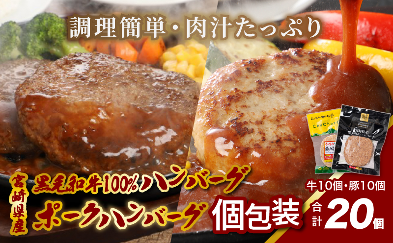 宮崎県産黒毛和牛100%ハンバーグ個包装(10個/冷凍)・ 宮崎県産ポークハンバーグ個包装(10個/冷凍)_K16_0157_1