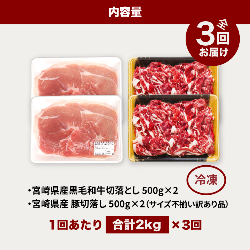 【3回定期便】宮崎県産 黒毛和牛切落し1kg(500g×2P)＆訳あり豚切落し1kg(500g×2P)セット×3回_K16_T004_4