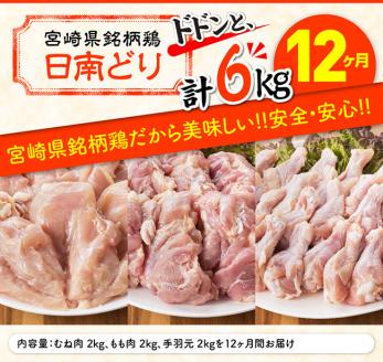 【12ヶ月定期便】宮崎県産若鶏　日南どり　もも肉＆むね肉＆手羽元　計6kg（各2㎏×1） 【 ふるさと納税 鶏肉 鶏 若鶏 もも むね 手羽元 セット 宮崎県産 川南町 おうち時間 おうちごはん 定期便 送料無料 】