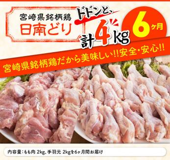 【6ヶ月定期便】宮崎県産若鶏　日南どり　もも肉＆手羽元　計4kg（各2㎏×1） 【 ふるさと納税 鶏肉 鶏 若鶏 もも 手羽元 セット 宮崎県産 川南町 おうち時間 おうちごはん 定期便 送料無料 】