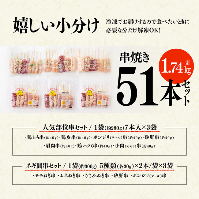 【令和8年7月発送分】 宮崎県産若鶏 やきとり 人気部位串セット＆ネギまセット 計51本 【肉 鶏肉 国産 九州産 宮崎県産 若鶏 焼鳥 やきとり BBQ バーベキュー】