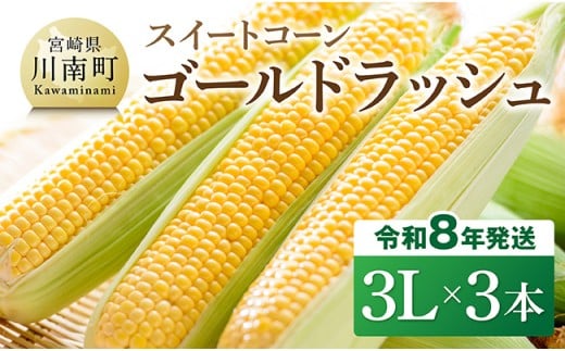 【令和8年発送】宮崎県産とうもろこし　スイートコーン「ゴールドラッシュ」3L×3本【新鮮 農家直送 トウモロコシ 産地直送 季節限定 期間限定 宮崎県産 九州産】
