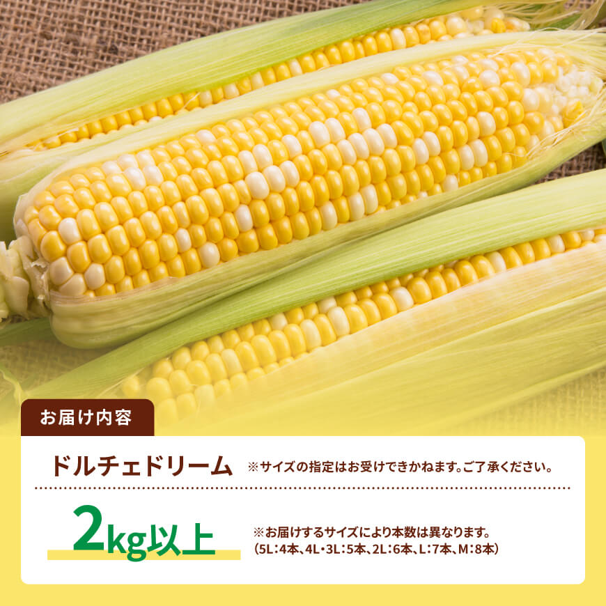 【令和８年発送】SUNちゃん農園産「ドルチェドリーム2kg以上（サイズ指定不可）」 【 とうもろこし スイートコーン トウモロコシ スィートコーン 令和8年発送 】