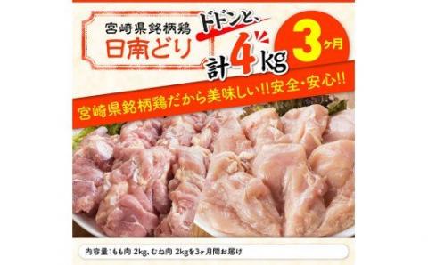 【3ヶ月定期便】宮崎県産若鶏　日南どり　もも肉＆むね肉　計4kg（各2㎏×1） 【 ふるさと納税 鶏肉 鶏 若鶏 もも むね セット 宮崎県産 川南町 おうち時間 おうちごはん 定期便 送料無料 】