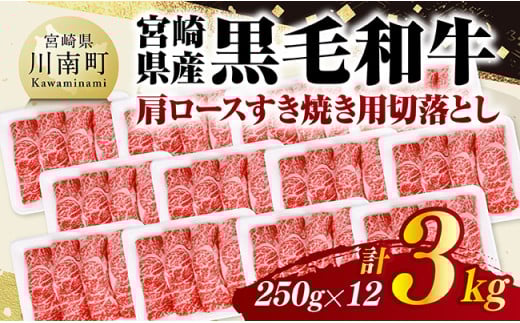 宮崎県産黒毛和牛　肩ロースすき焼き用切落とし3kg（250g×12） 【 牛肉 牛 肩ロース 黒毛和牛 肉 肉じゃが すき焼き 宮崎県産 小分け パック 送料無料 】