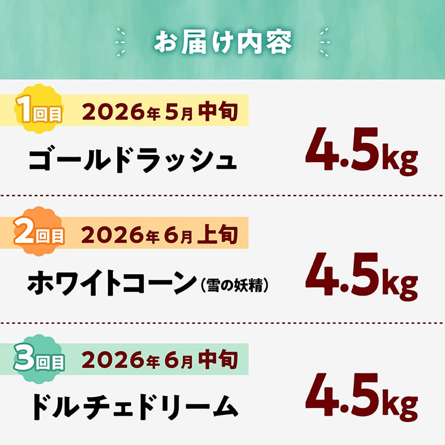 【3回定期便】※令和8年発送※ 大山さんちのスイートコーン3種（4.5kg） 【 先行予約 数量限定 期間限定 スィートコーン 2026年発送 先行受付 宮崎県産 九州産 定期便 】