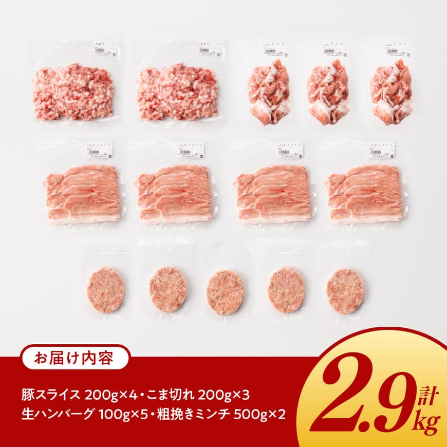 宮崎県産豚肉 「まるみ豚」 肉肉セット計2.9kg 【 肉 豚肉 国産 モモ ミンチ ハンバ―グ スライス こま切れ 弁当 おかず お手軽 真空パック 九州産 宮崎県産 川南町産 送料無料 】