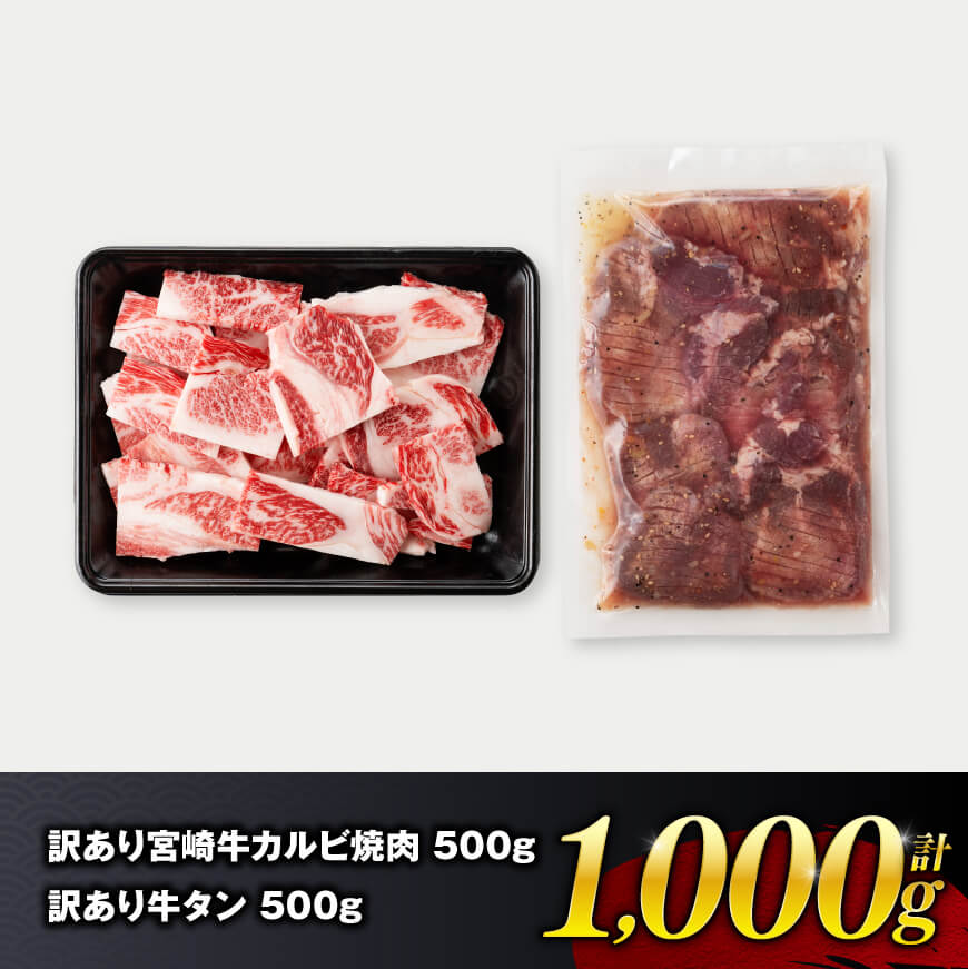 【訳あり】 宮崎牛カルビ焼肉＆塩だれ牛タン　計1,000g 【 肉 宮崎牛 カルビ 牛肉 牛たん たん 厚切り 塩ダレ 塩だれ タン 味付き BBQ 焼肉 焼き肉 焼くだけ おかず 簡単調理 】