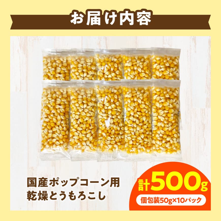国産ポップコーン用（乾燥とうもろこし）　500g（個包装50g×10パック） 【 数量限定 期間限定 宮崎県産 ポップコーン 】