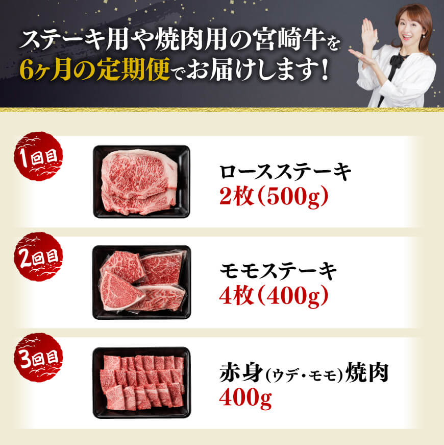 【6ヶ月定期便】宮崎牛定期便B（ ステーキ ・ 焼肉 ） 全6回【 肉 牛肉 国産 宮崎県産 宮崎牛 黒毛和牛 和牛 ステーキ 焼肉 4等級 A4ランク 】