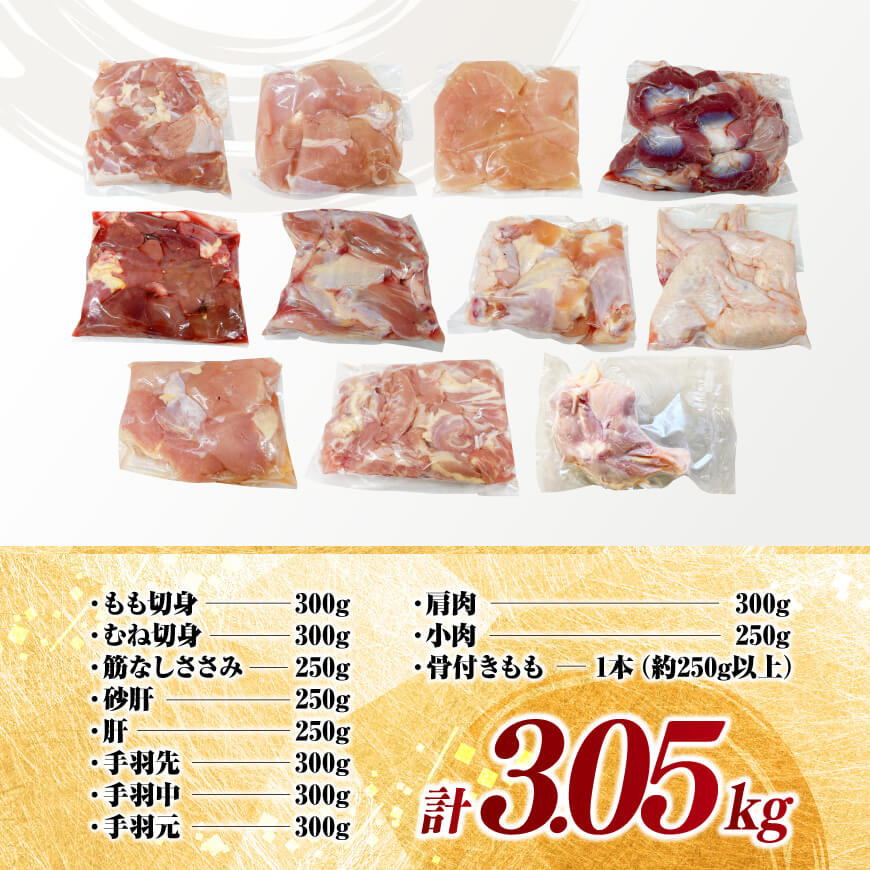 宮崎県産 若鶏 まるごと 3.05kg 【 もも むね ささみ 砂肝 手羽先 手羽元 小肉 鶏肉 とり肉 セット ごはん 料理 】