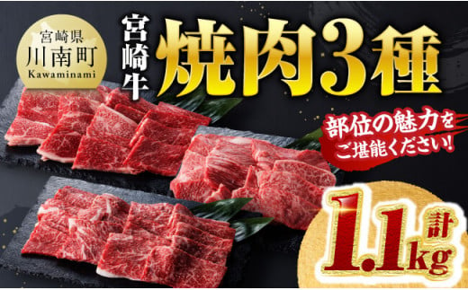 宮崎牛 焼肉 3種 計1.1kg 【 肉 牛肉 国産 宮崎牛 食べ比べ 4等級 5等級 ミヤチク 焼肉 BBQ バーベキュー 】