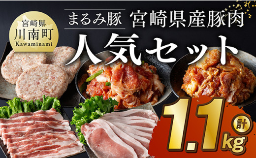 「まるみ豚」宮崎県産豚肉　人気セット　計1.1kg 【 豚肉 豚 肉 国産 川南町 ウデ モモ ハンバーグ ローススライス バラスライス 】