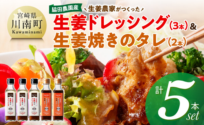 脇田農園産　生姜農家が作った生姜ドレッシング3本＆生姜焼きのタレ2本　計5本セット 【 生姜 ショウガ 国産 宮崎県産 九州産 川南町産 農家直送 しょうが 生姜焼きのたれ ドレッシング 】