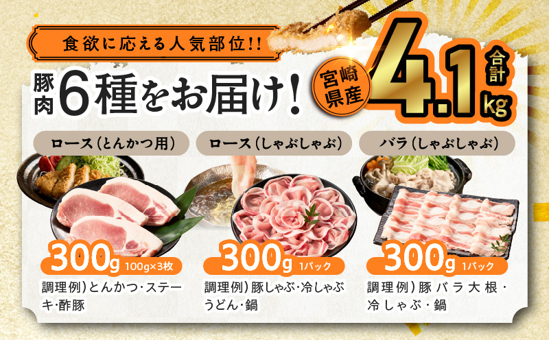 宮崎県産豚肉6種盛り合わせセット(合計4.1kg) 肉 豚 豚肉 おかず 国産_T030-204