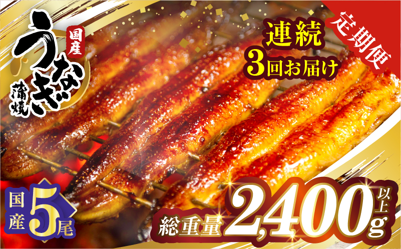 【3回連続定期便】うなぎ蒲焼5尾(さんしょう・たれ付き)総重量2400g以上 鰻 魚 魚介 加工品 国産_T026-0032-R