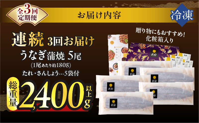 【3回連続定期便】うなぎ蒲焼5尾(さんしょう・たれ付き)総重量2400g以上 鰻 魚 魚介 加工品 国産_T026-0035-R