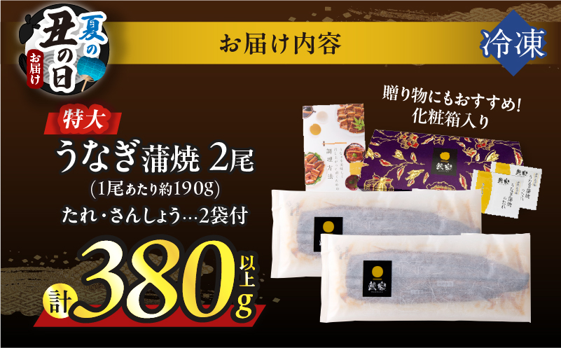 【夏の丑の日までにお届け!!】うなぎ蒲焼特大2尾(さんしょう・たれ付き)計380g以上 鰻 魚 魚介 加工品 国産_T026-0065-US2