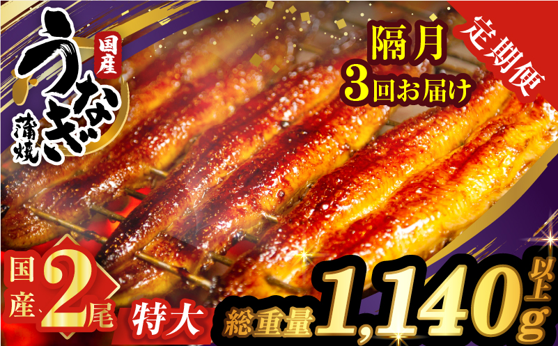 【3回隔月定期便】うなぎ蒲焼特大2尾(さんしょう・たれ付き)総重量1140g以上 鰻 魚 魚介 加工品 国産_T026-0061-K
